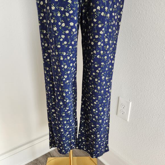 Vintage 90s Blue Floral Pants High Rise Straight Leg Elastic Grandmacore L/XL - Picture 4 of 11